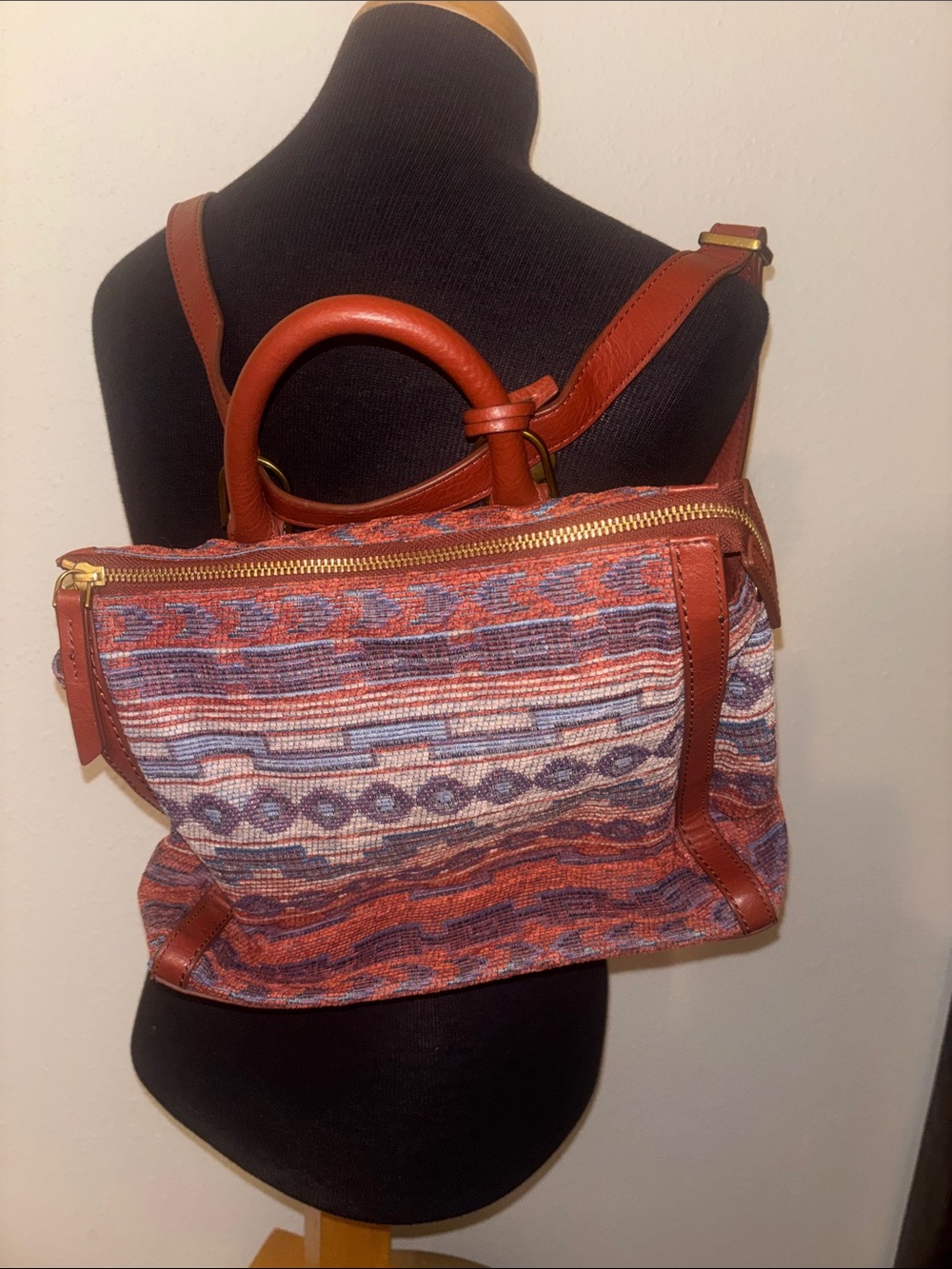 Fossil Multicolor Woven Backpack/Handbag with Brown Trim